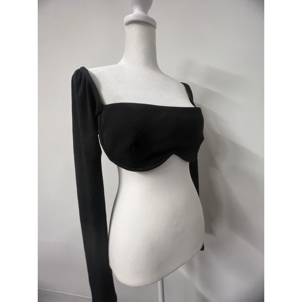Princess Polly Women's 10 BECCA LONG SLEEVE CROP TOP Black Underwire Ribbed Sexy